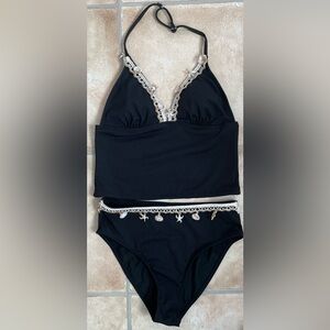 SHEIN teen girl black ribbed 2 piece halter neck tankini shell details; size 14